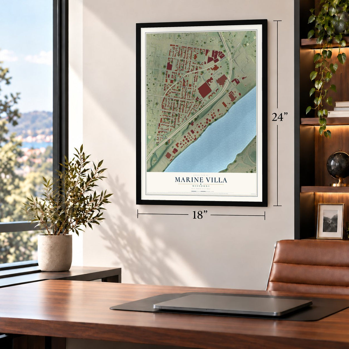 Marine Villa, Missouri map, 18 x 24 inch print in a black frame in a home office