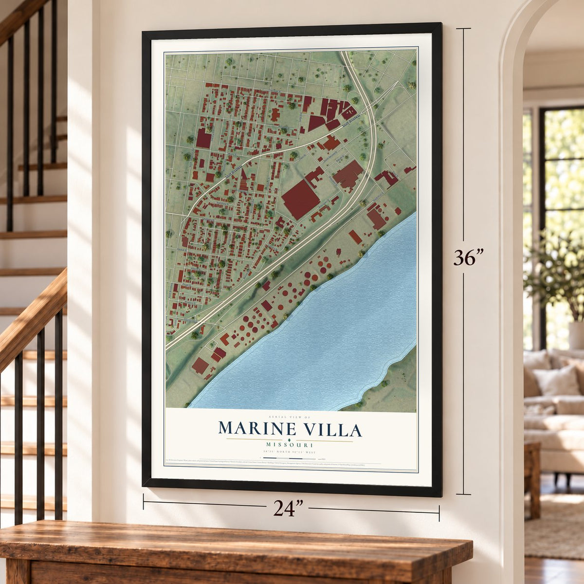 Marine Villa, Missouri map, 24 x 36 inch print in a black frame by a staircase