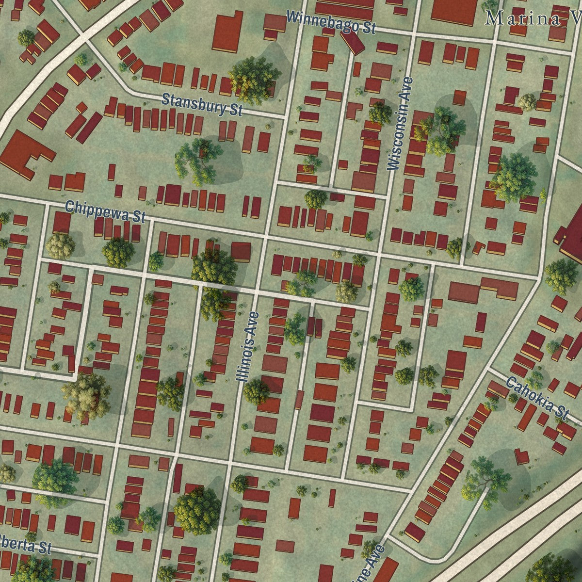 Close-up of the map of Marine Villa, Missouri print showing street and building detail