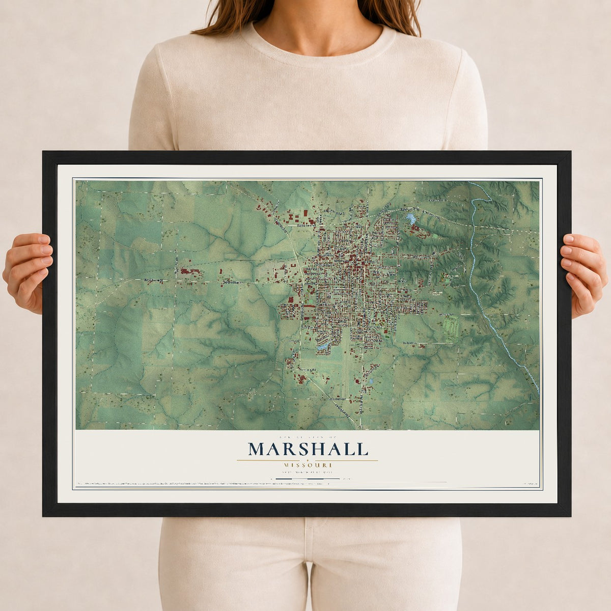 Map of Marshall, Missouri, 12 x 18 inch print in a black wood frame