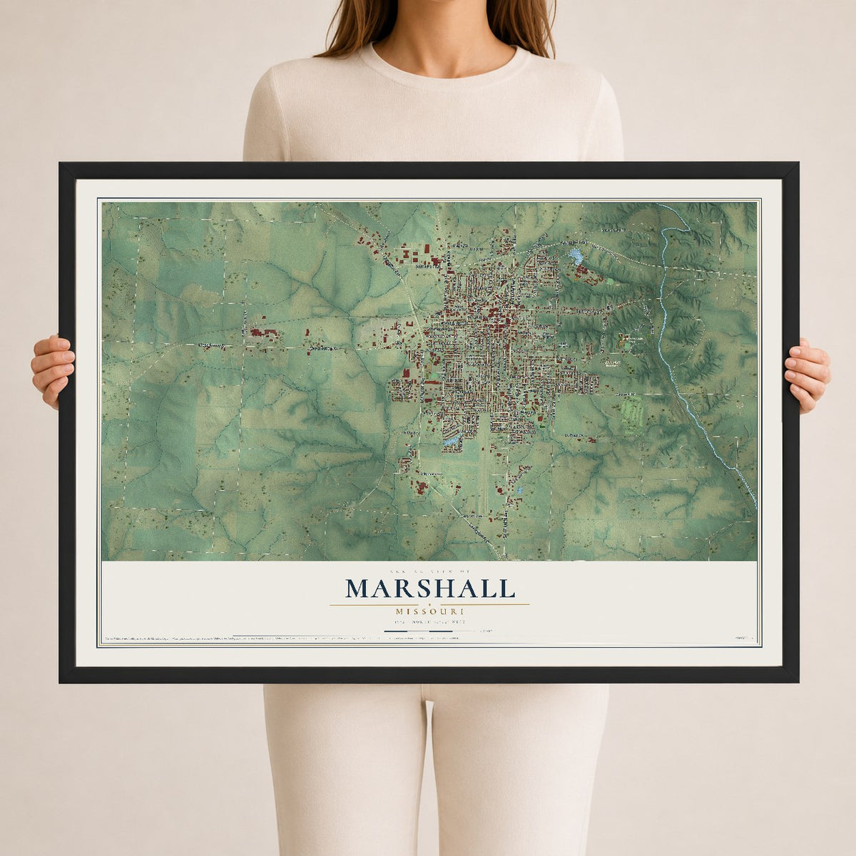 Map of Marshall, Missouri, 24 x 36 inch print in a black wood frame