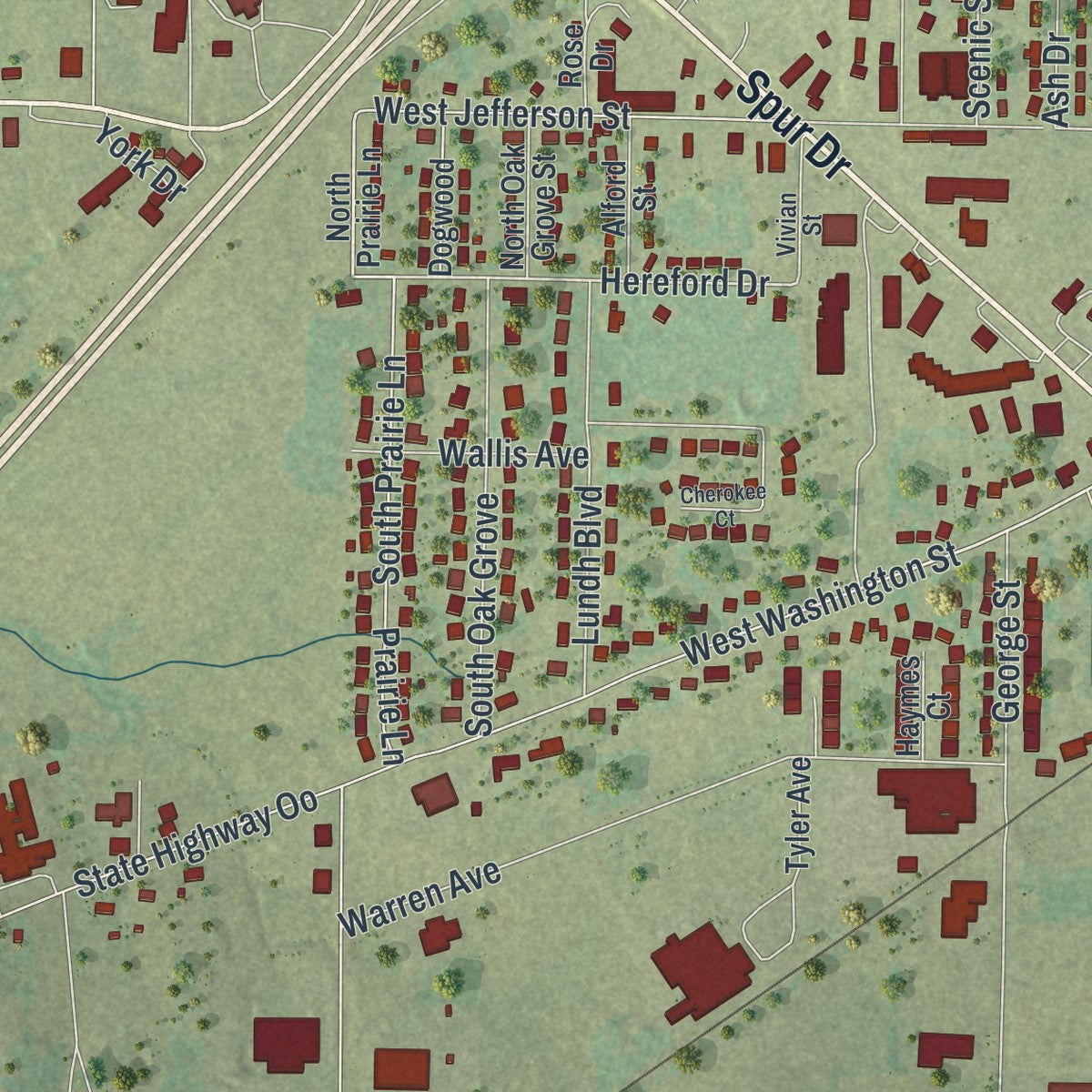 Second close-up of the map of Marshfield, Missouri print showing more streets and buildings