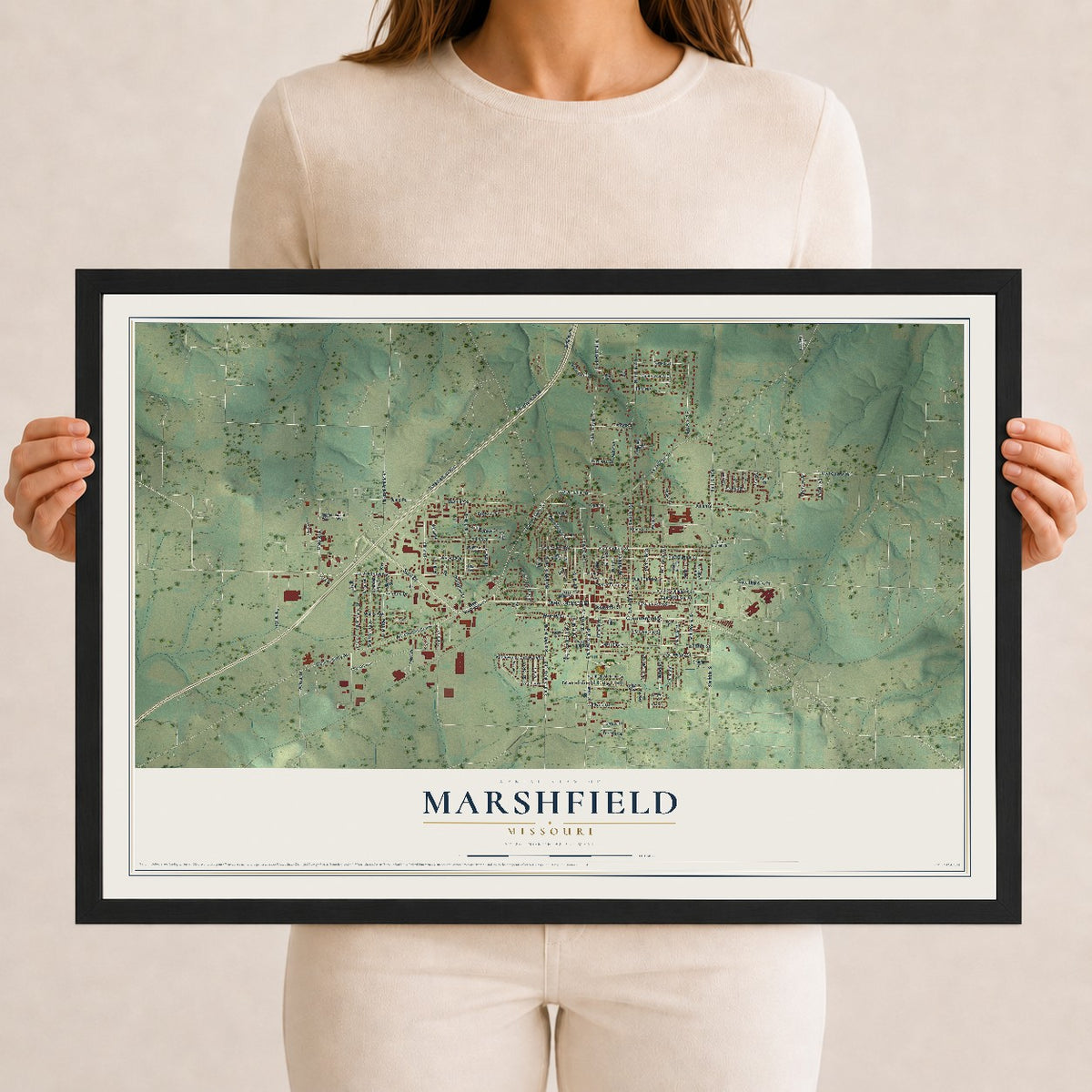 Map of Marshfield, Missouri, 12 x 18 inch print in a black wood frame