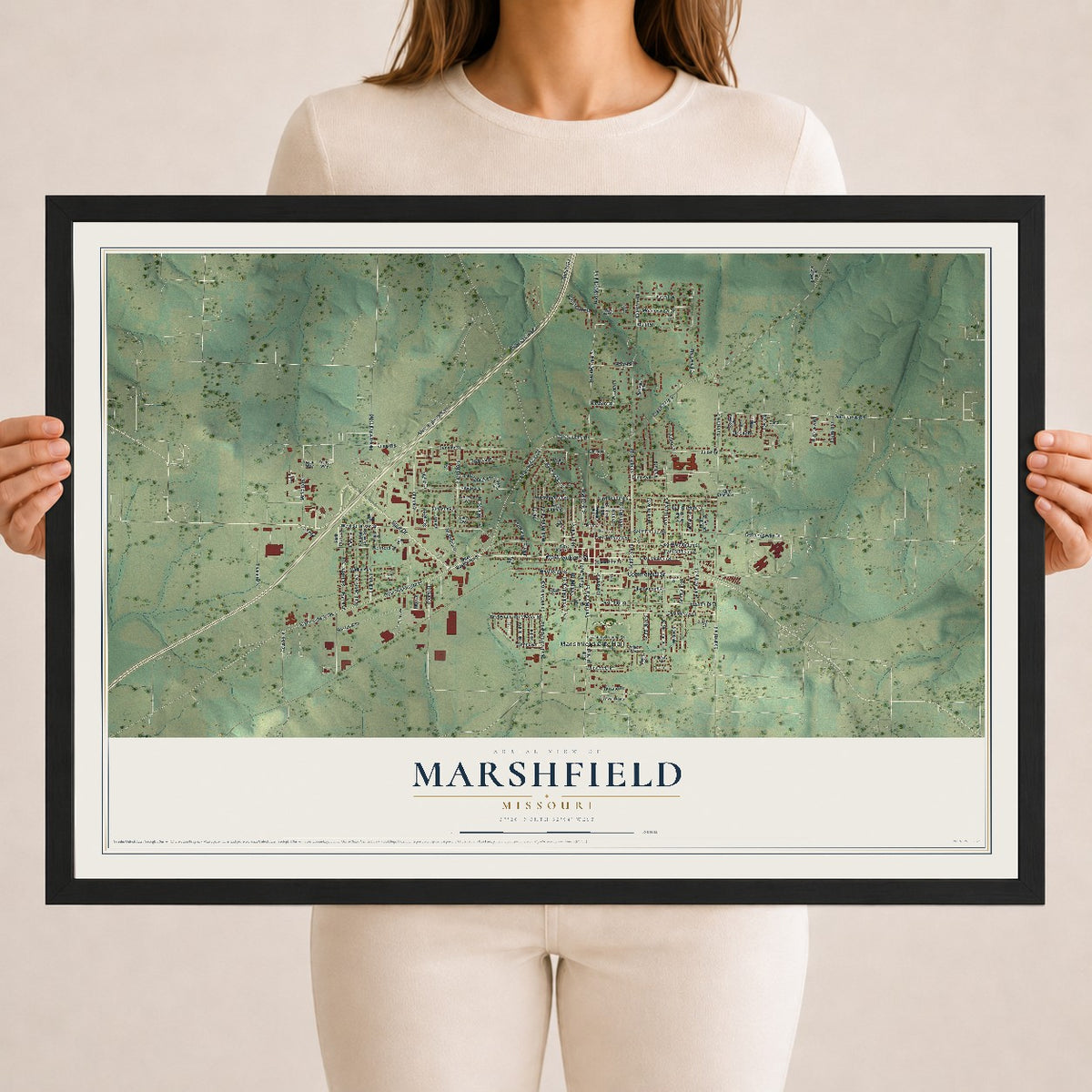 Map of Marshfield, Missouri, 18 x 24 inch print in a black wood frame