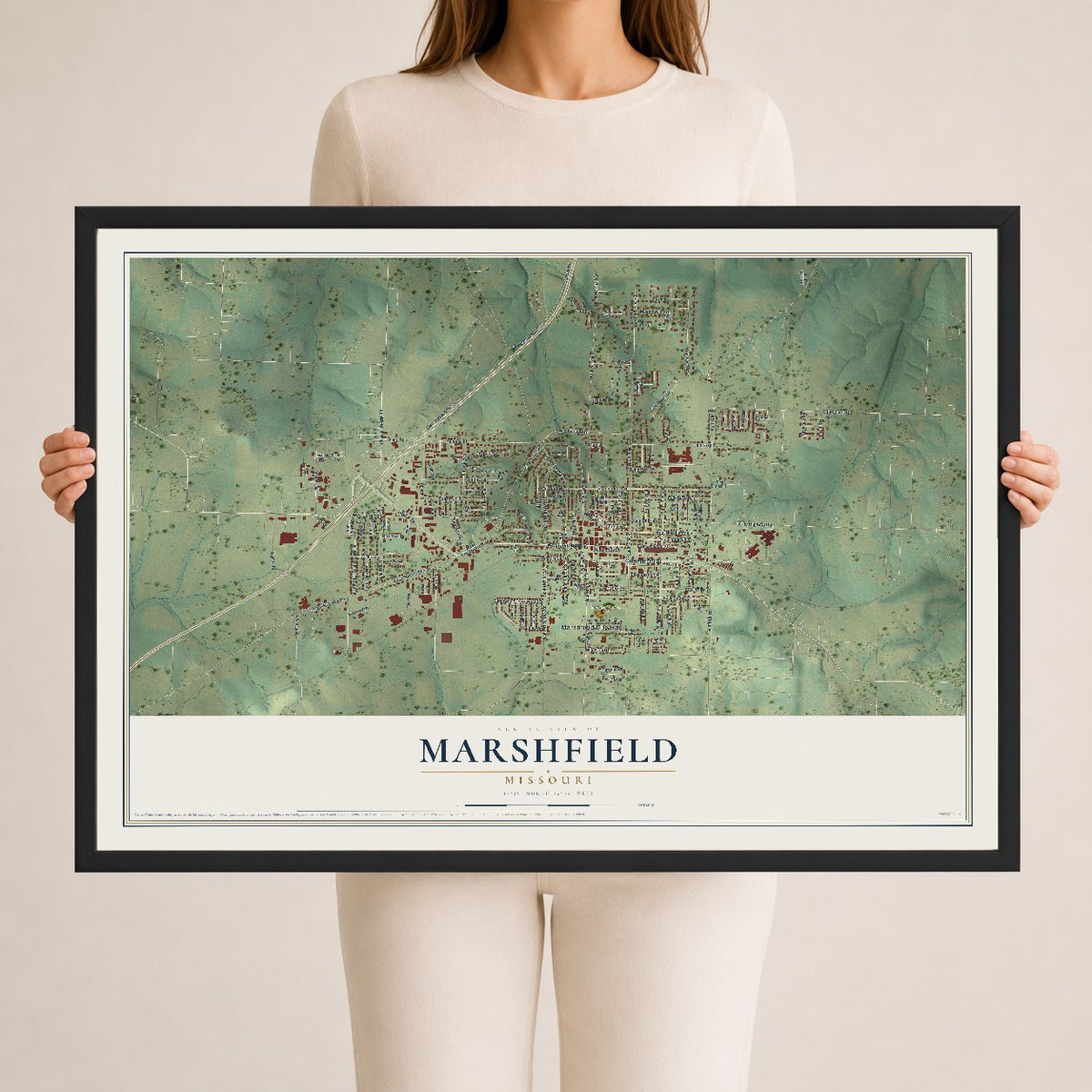 Map of Marshfield, Missouri, 24 x 36 inch print in a black wood frame