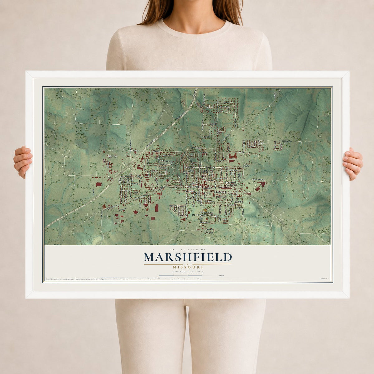 Map of Marshfield, Missouri, 24 x 36 inch print in a white wood frame