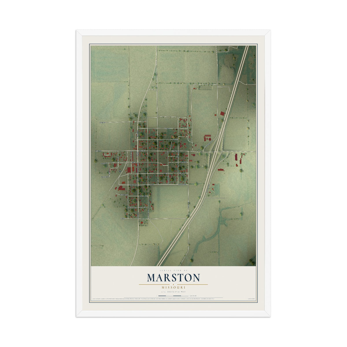 Map of Marston, Missouri, 12 x 18 inch print in a white wood frame