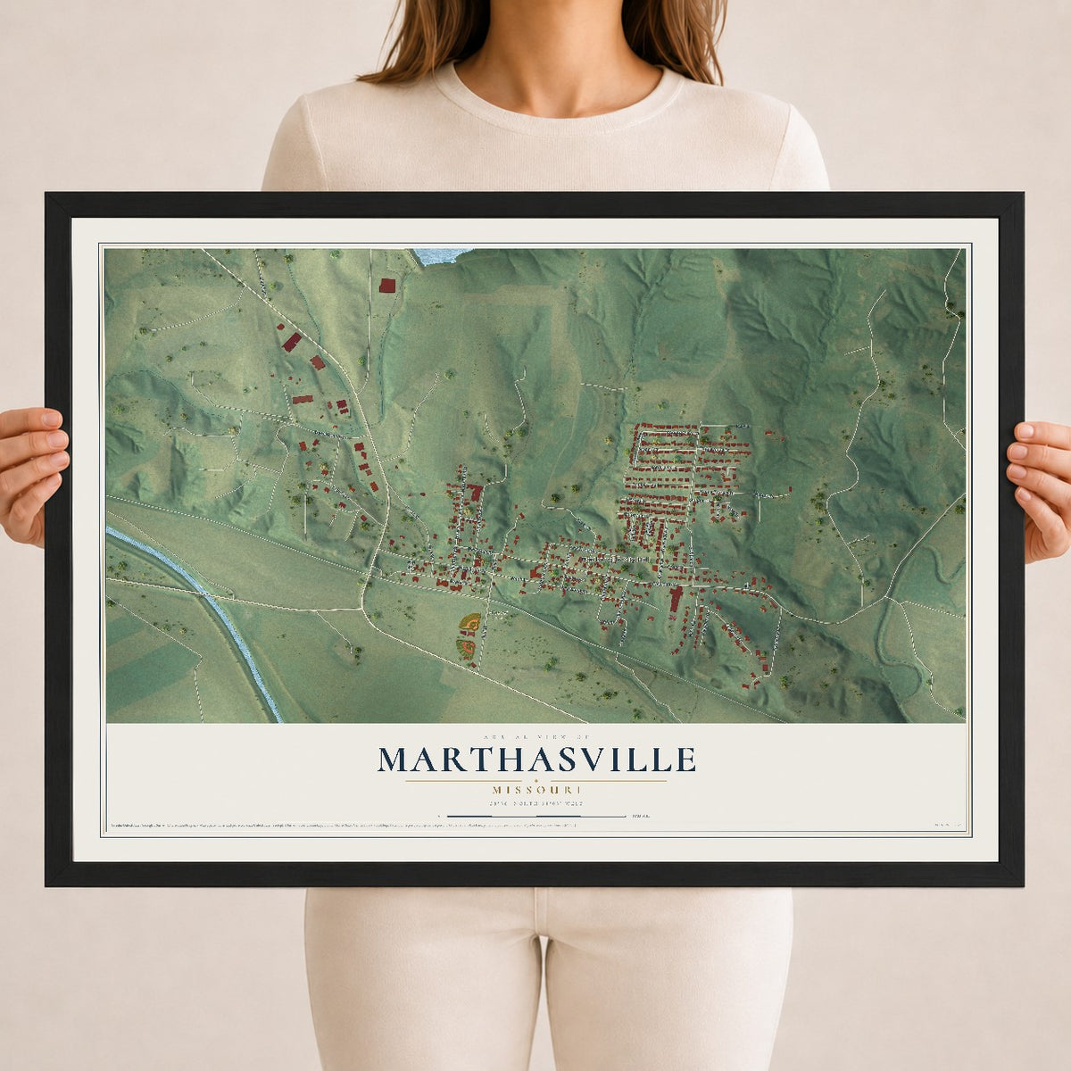 Map of Marthasville, Missouri, 18 x 24 inch print in a black wood frame