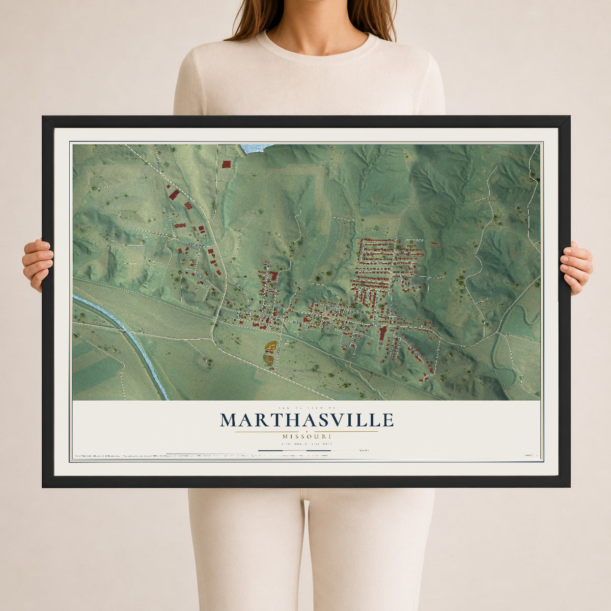 Map of Marthasville, Missouri, 24 x 36 inch print in a black wood frame