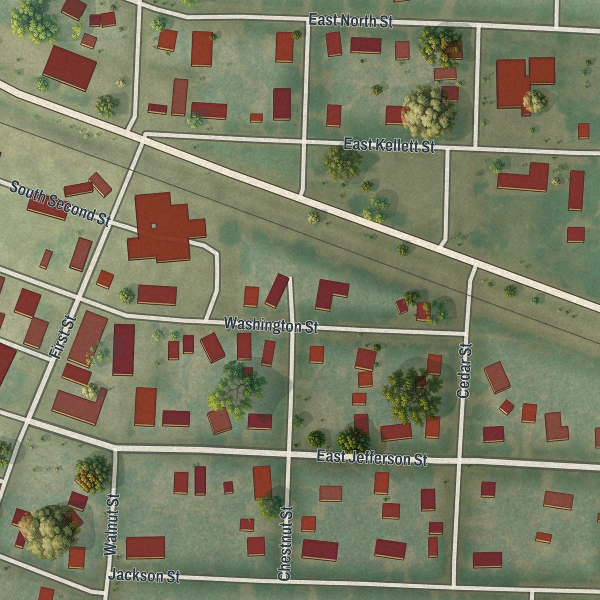 Close-up of the map of Martinsburg, Missouri print showing street and building detail
