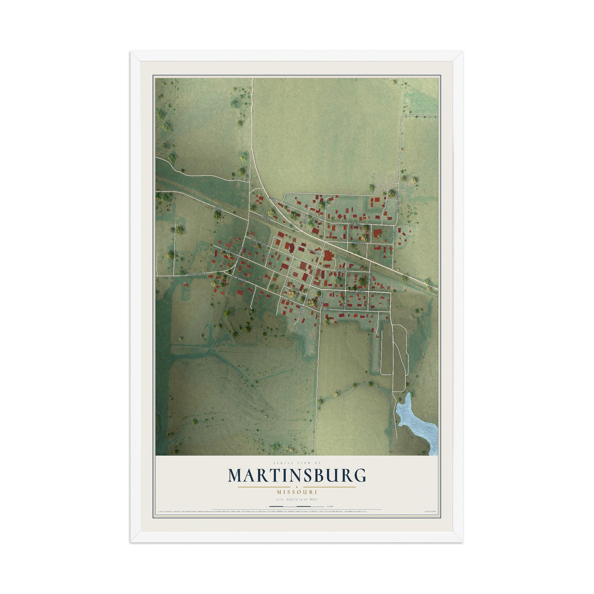 Map of Martinsburg, Missouri, 12 x 18 inch print in a white wood frame