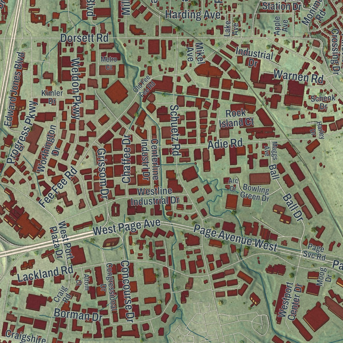 Close-up of the map of Maryland Heights, Missouri print showing street and building detail