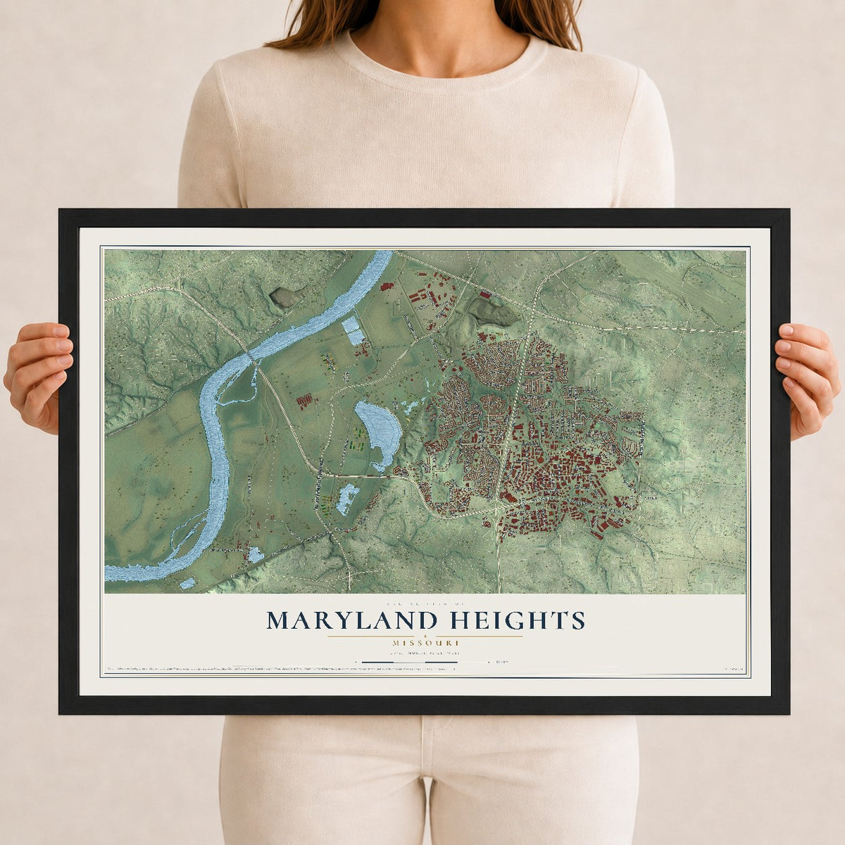 Map of Maryland Heights, Missouri, 12 x 18 inch print in a black wood frame