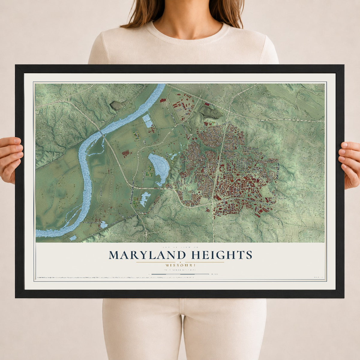 Map of Maryland Heights, Missouri, 18 x 24 inch print in a black wood frame