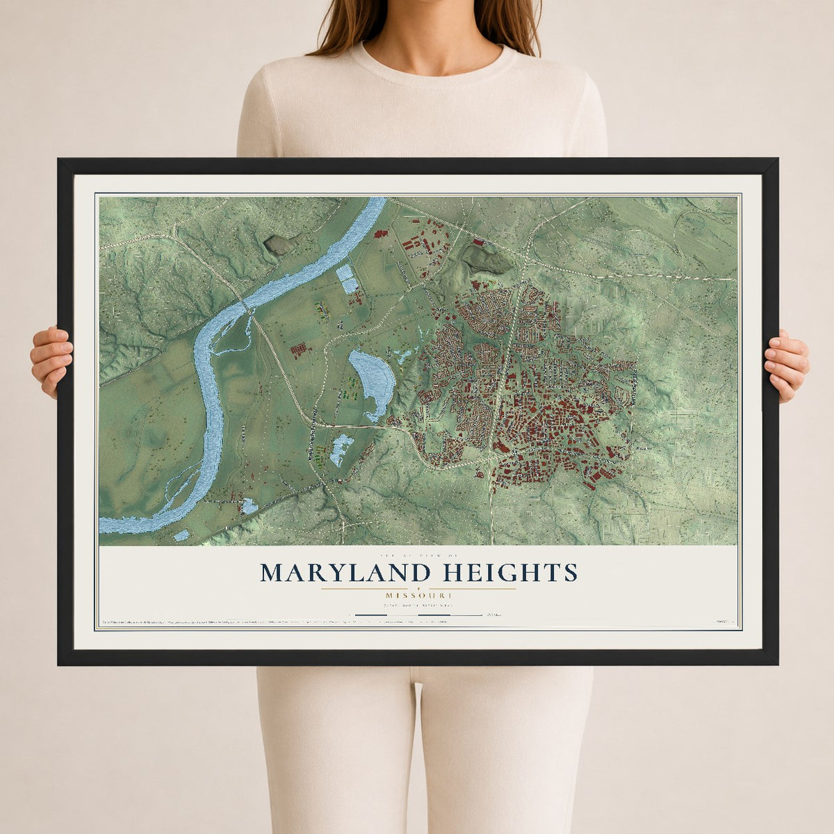 Map of Maryland Heights, Missouri, 24 x 36 inch print in a black wood frame