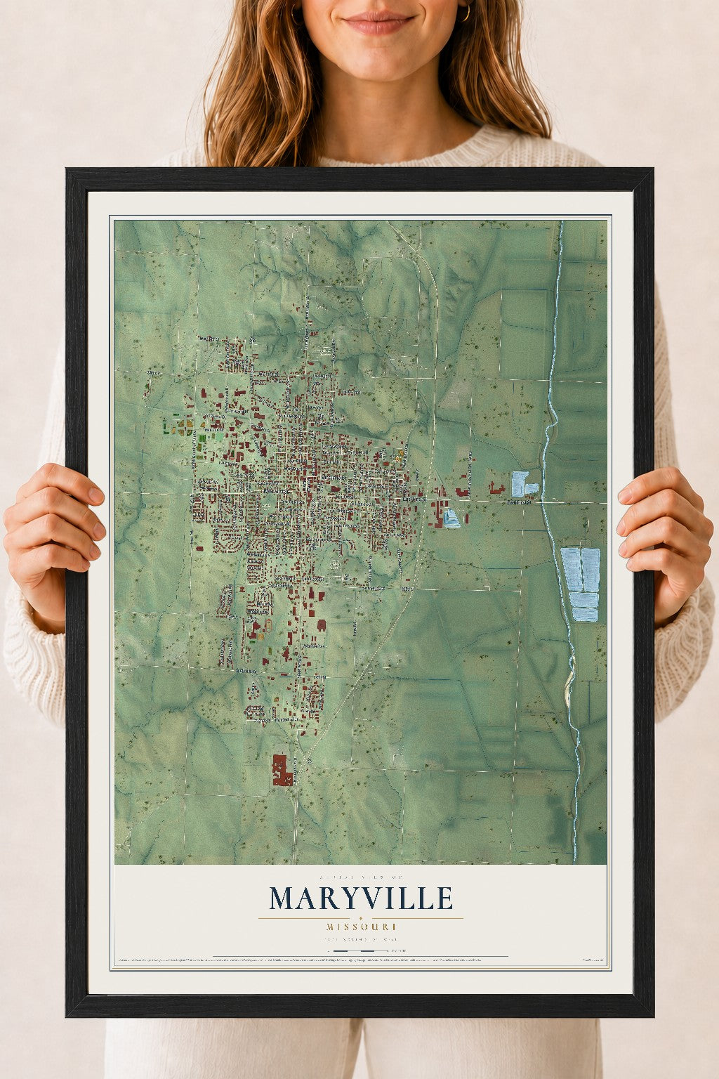Map of Maryville, Missouri, 18 x 24 inch print in a black wood frame