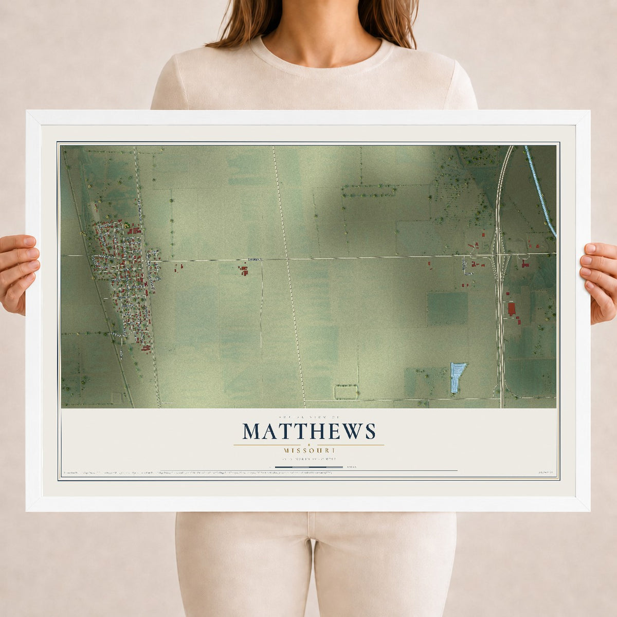 Map of Matthews, Missouri, 18 x 24 inch print in a white wood frame