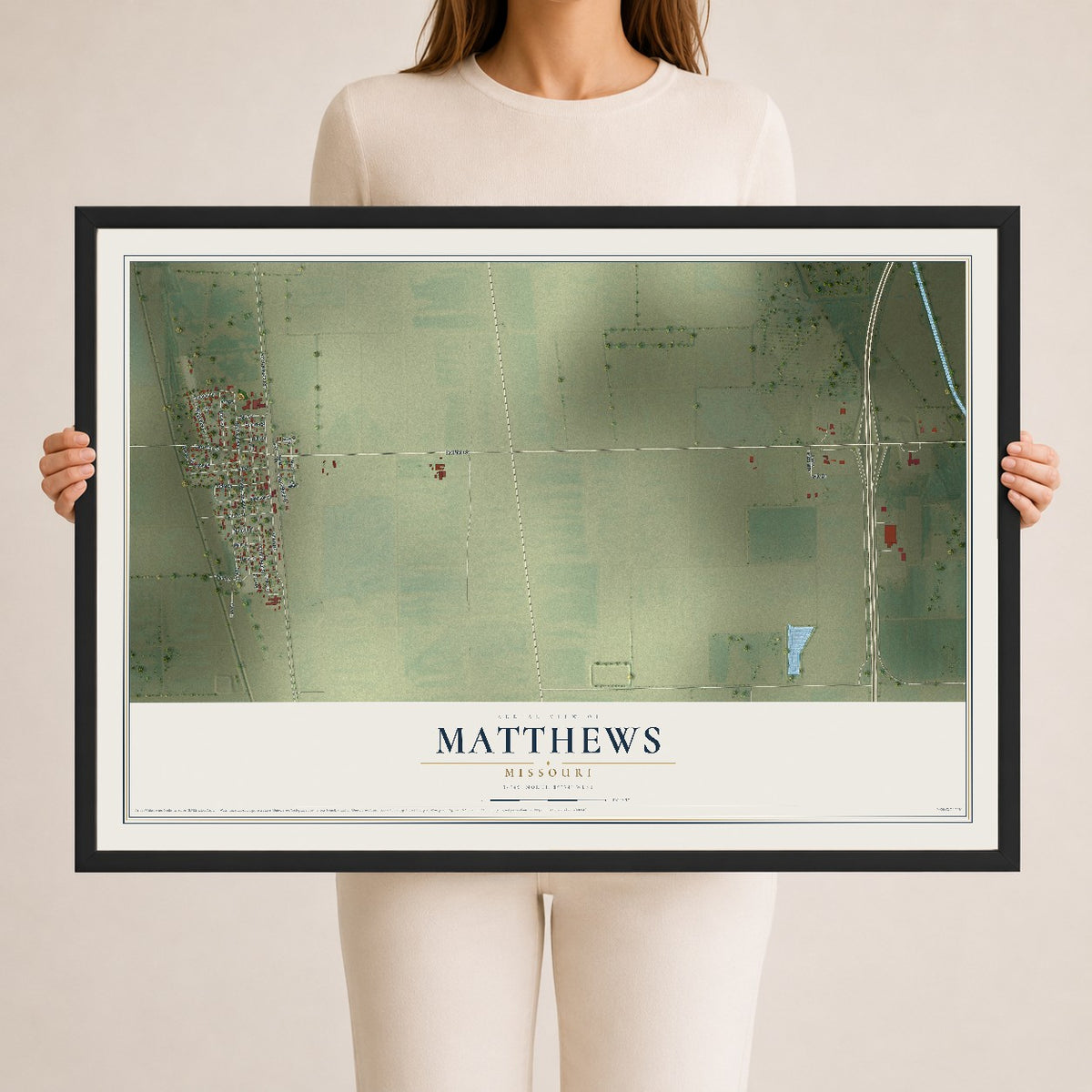 Map of Matthews, Missouri, 24 x 36 inch print in a black wood frame