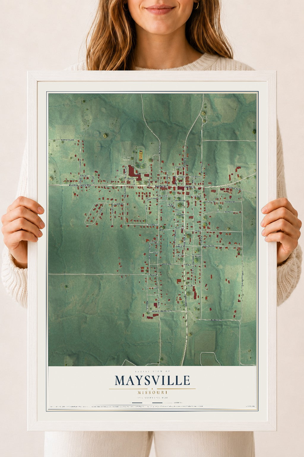Map of Maysville, Missouri, 18 x 24 inch print in a white wood frame
