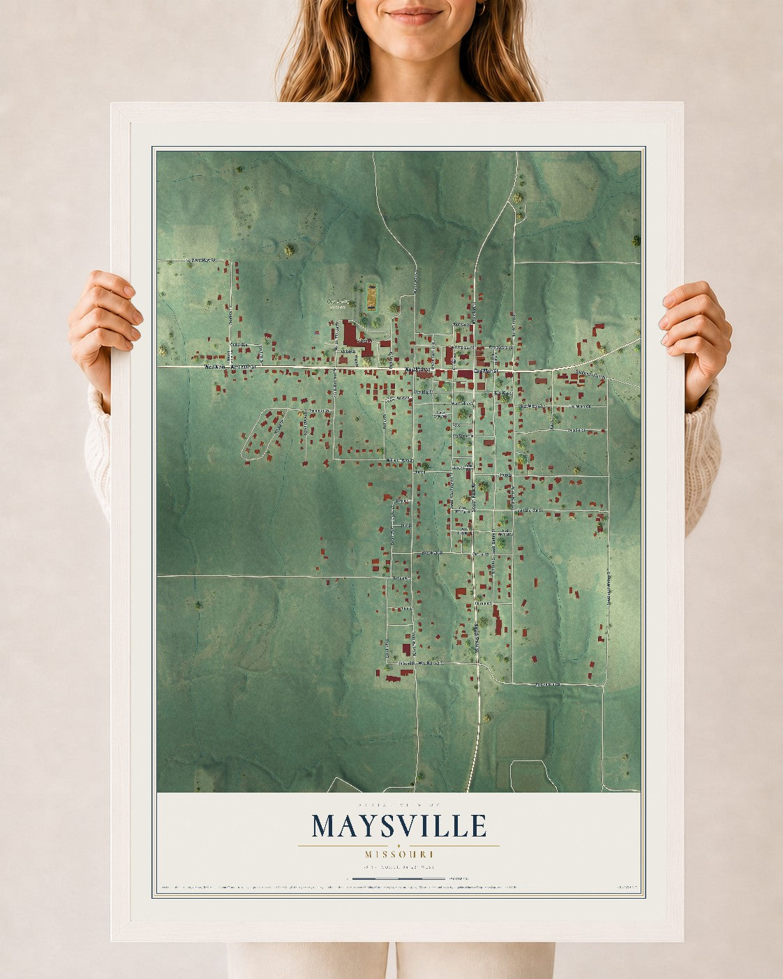 Map of Maysville, Missouri, 24 x 36 inch print in a white wood frame