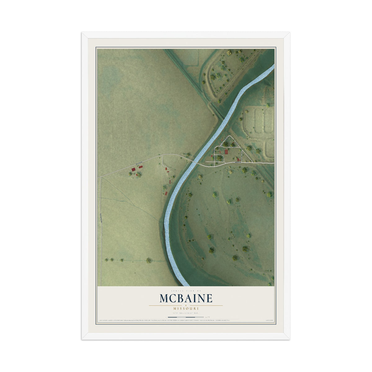 Map of McBaine, Missouri, 12 x 18 inch print in a white wood frame