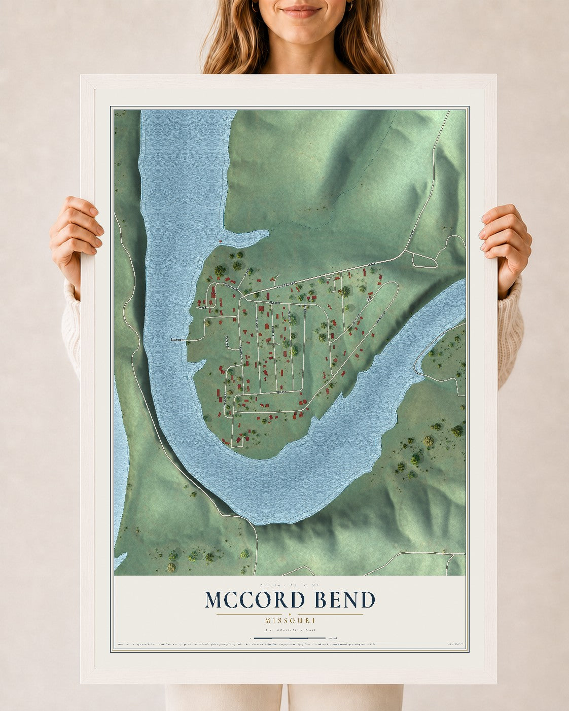 Map of McCord Bend, Missouri, 24 x 36 inch print in a white wood frame