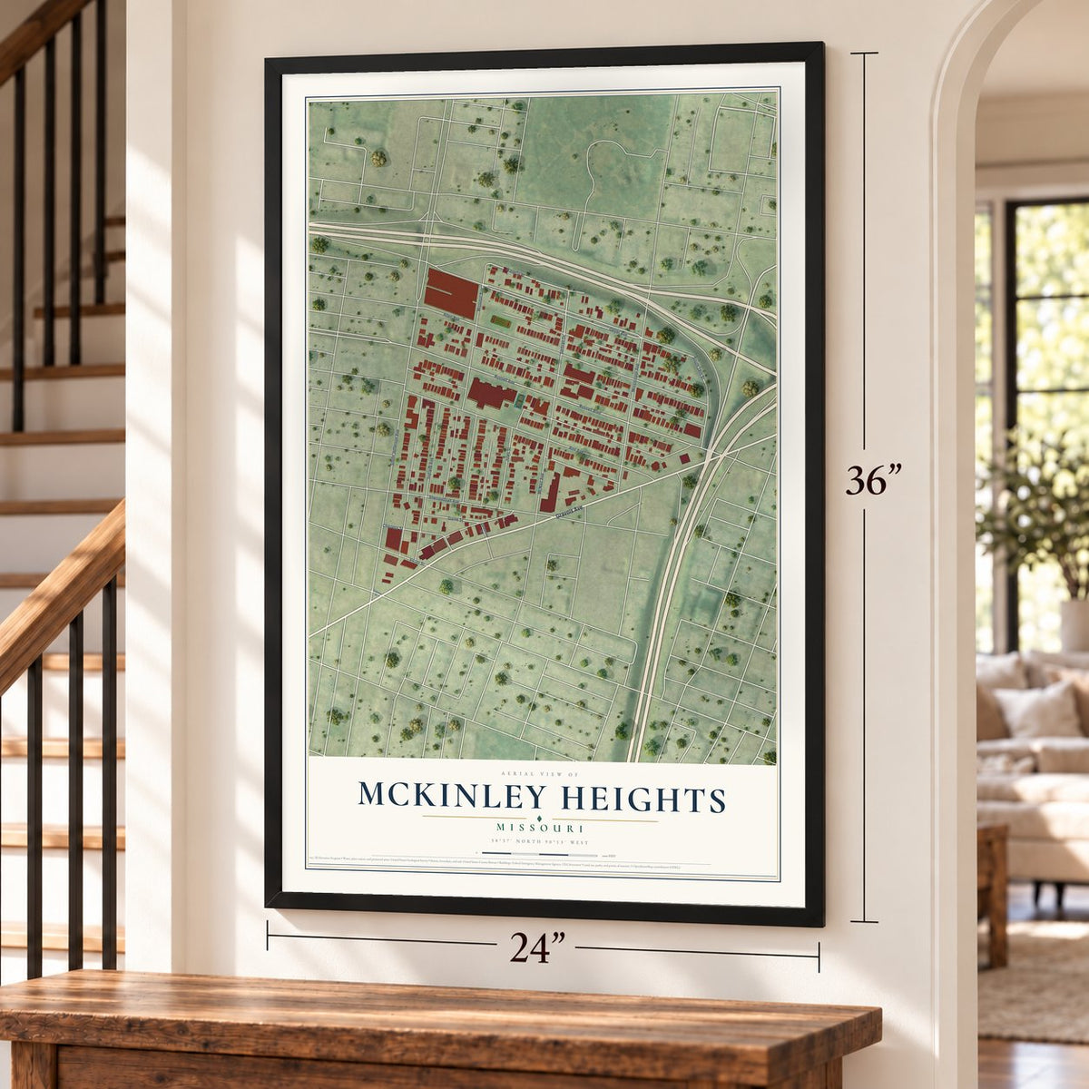 McKinley Heights, Missouri map, 24 x 36 inch print in a black frame by a staircase