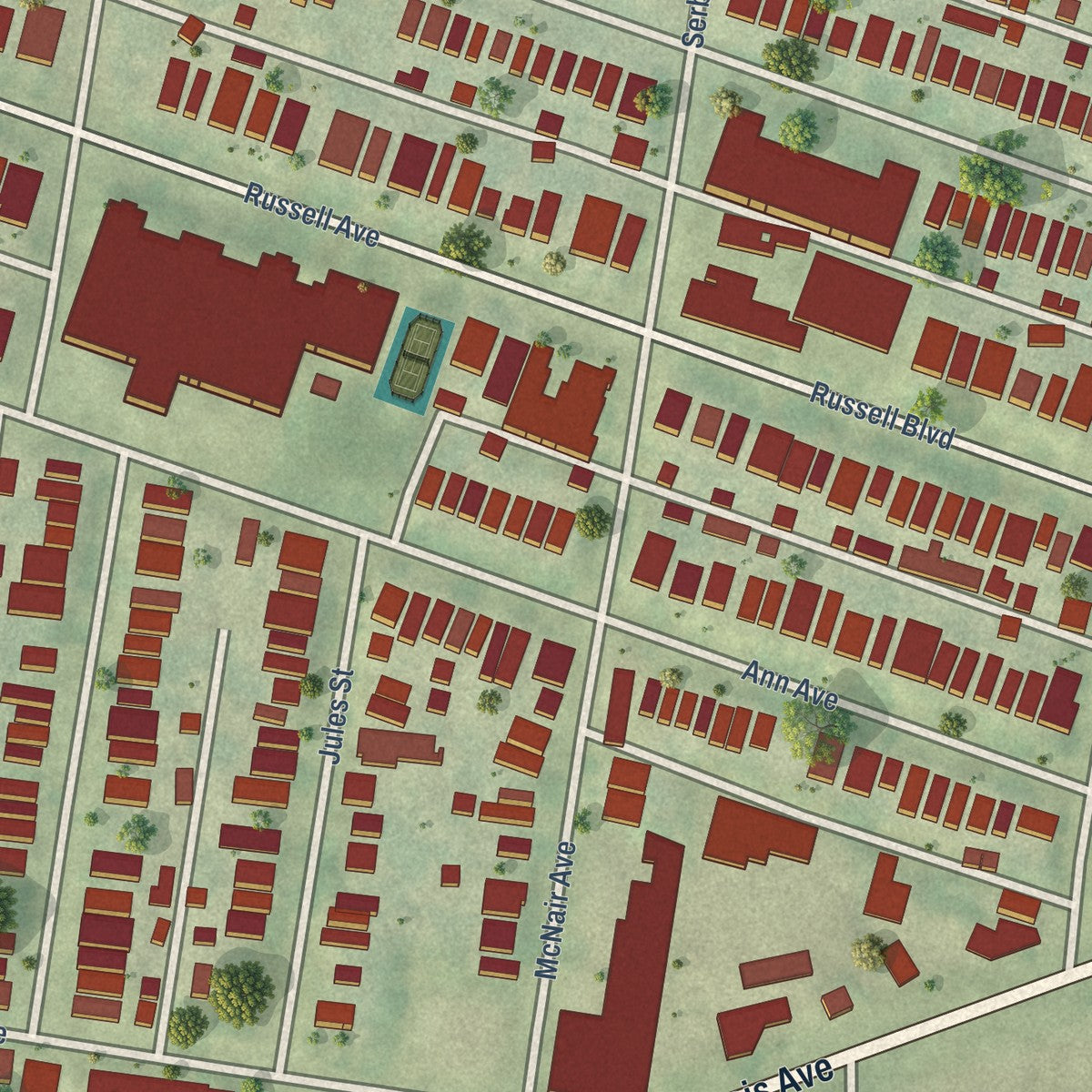 Close-up of the map of McKinley Heights, Missouri print showing street and building detail