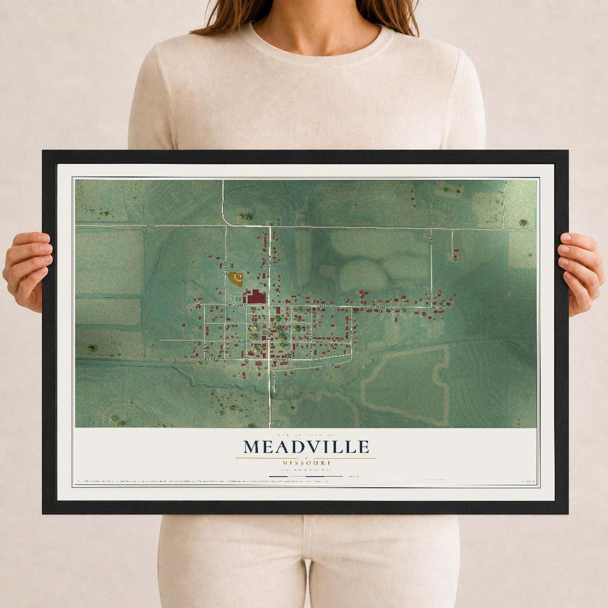 Map of Meadville, Missouri, 12 x 18 inch print in a black wood frame
