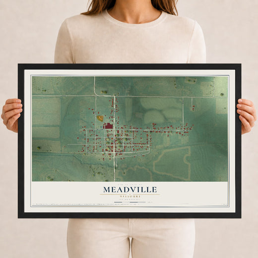 Map of Meadville, Missouri, 12 x 18 inch print in a black wood frame