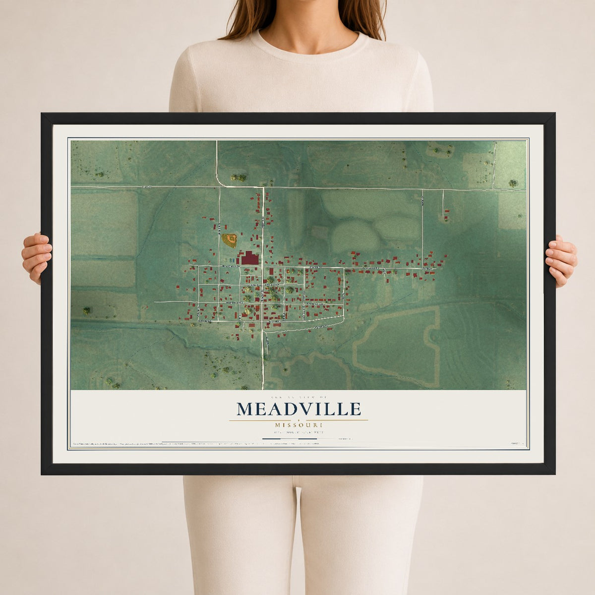 Map of Meadville, Missouri, 24 x 36 inch print in a black wood frame