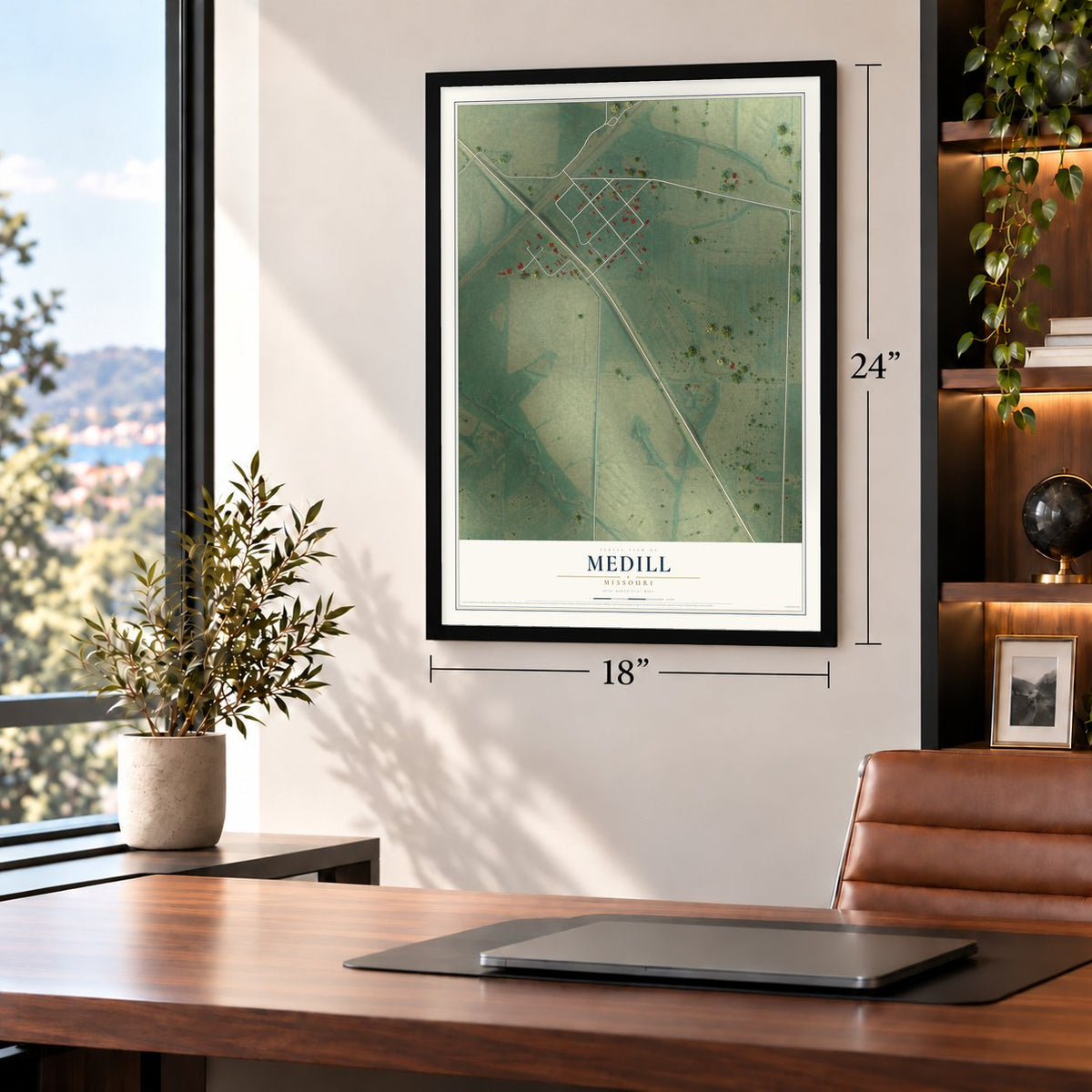 Medill, Missouri map, 18 x 24 inch print in a black frame in a home office