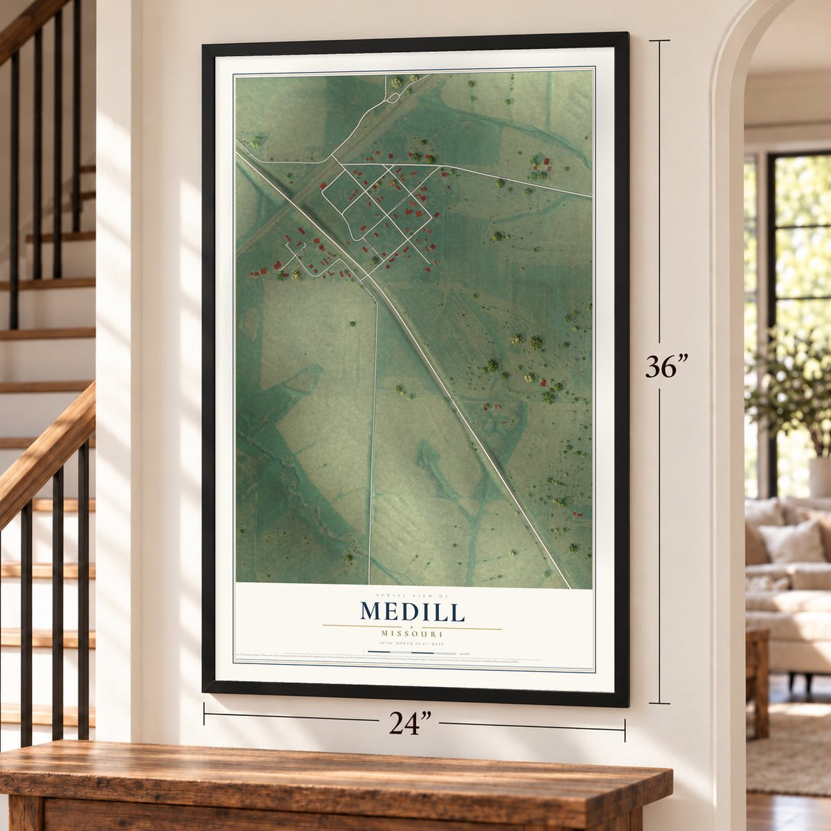 Medill, Missouri map, 24 x 36 inch print in a black frame by a staircase