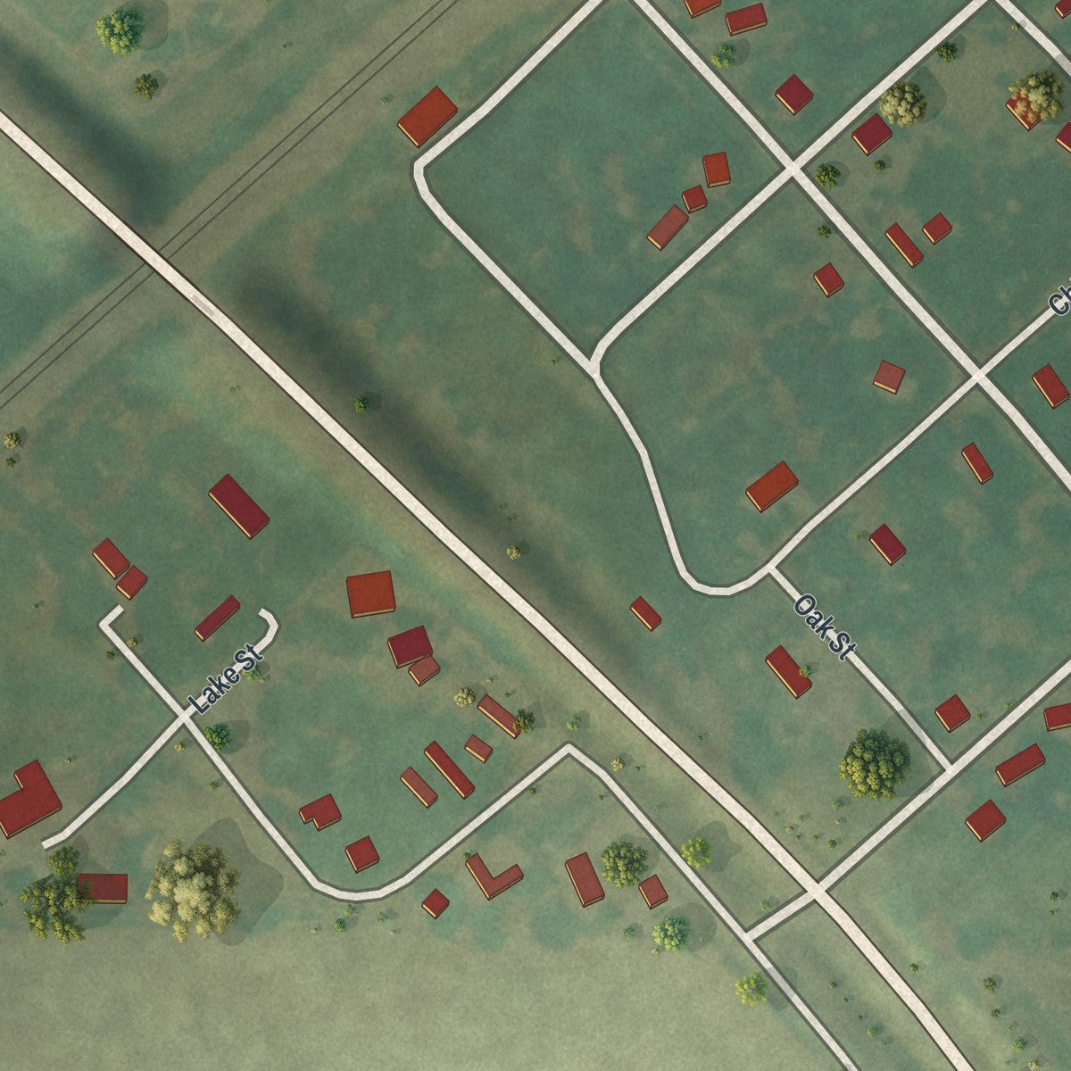Close-up of the map of Medill, Missouri print showing street and building detail