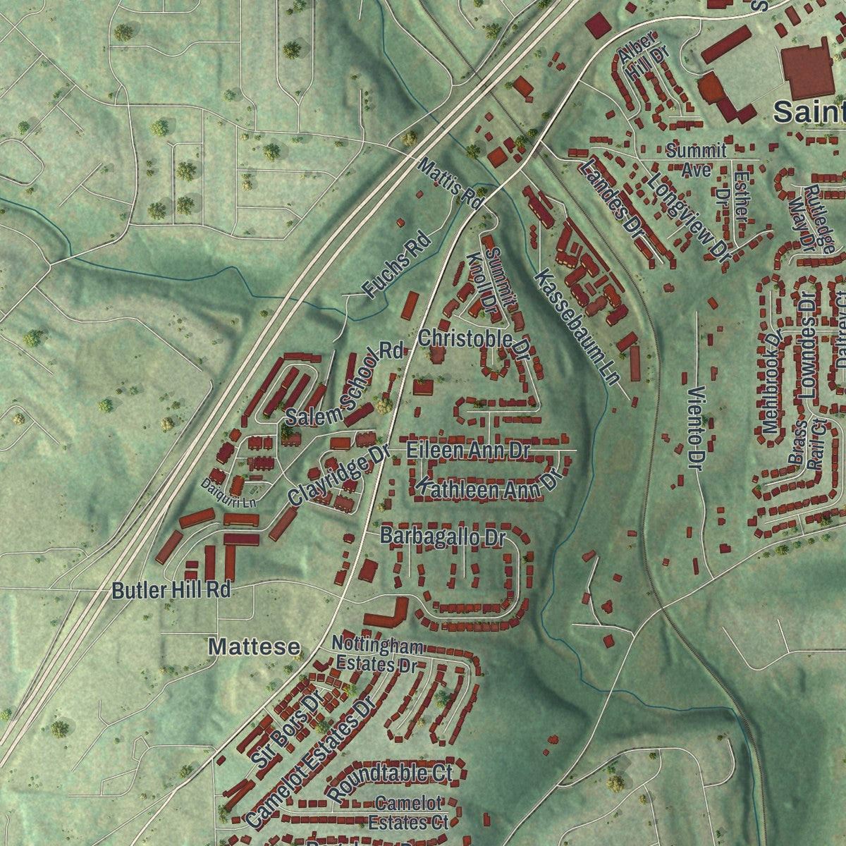 Second close-up of the map of Mehlville, Missouri print showing more streets and buildings