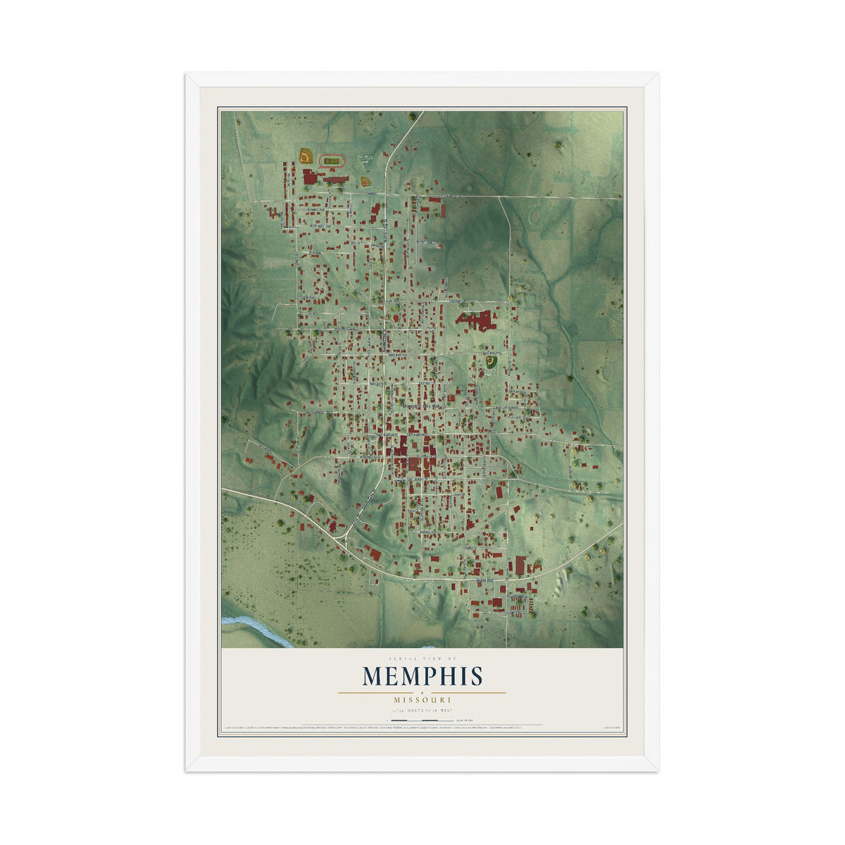 Map of Memphis, Missouri, 12 x 18 inch print in a white wood frame