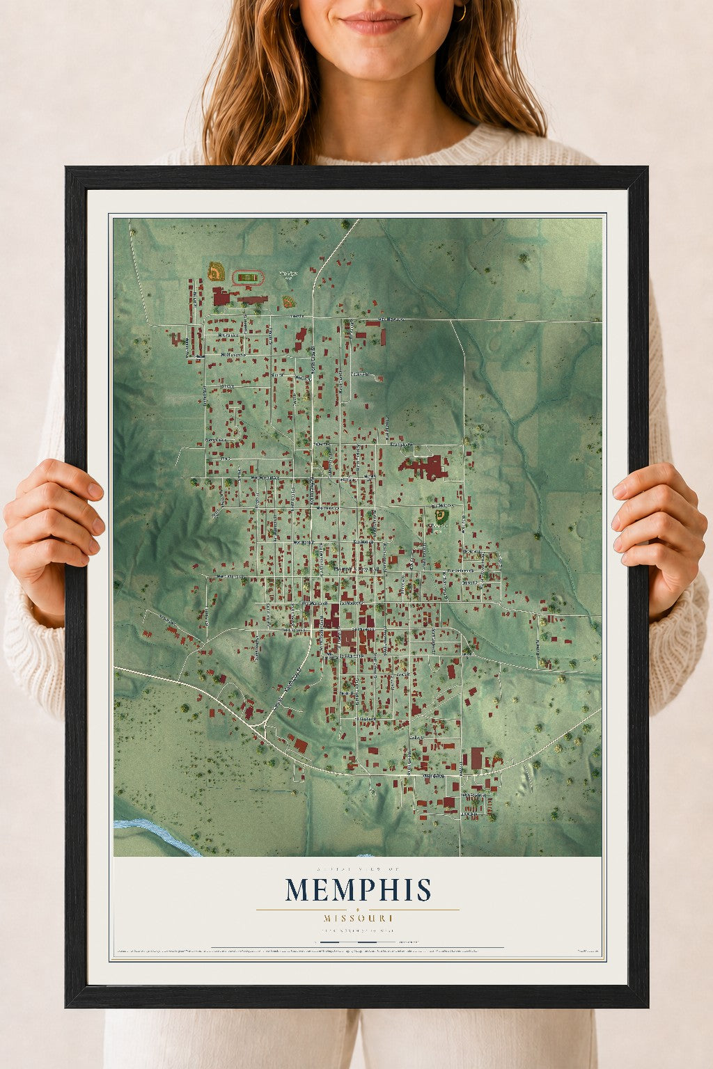 Map of Memphis, Missouri, 18 x 24 inch print in a black wood frame