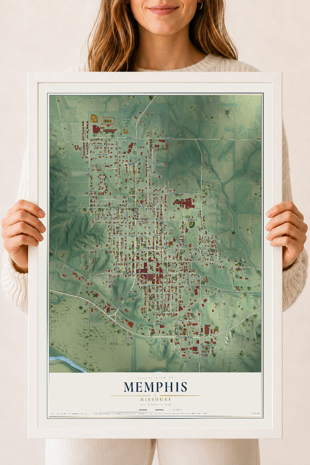 Map of Memphis, Missouri, 18 x 24 inch print in a white wood frame