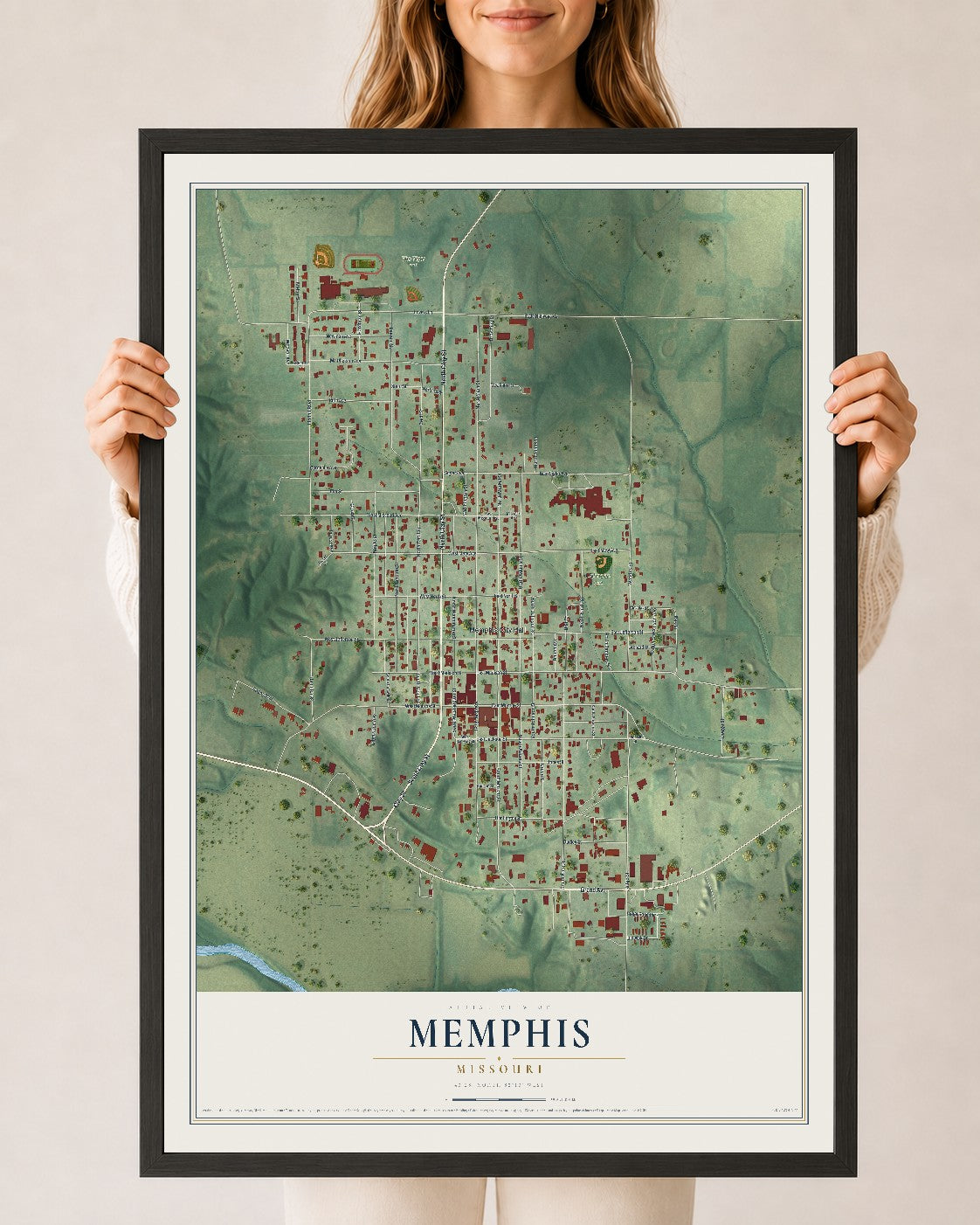 Map of Memphis, Missouri, 24 x 36 inch print in a black wood frame