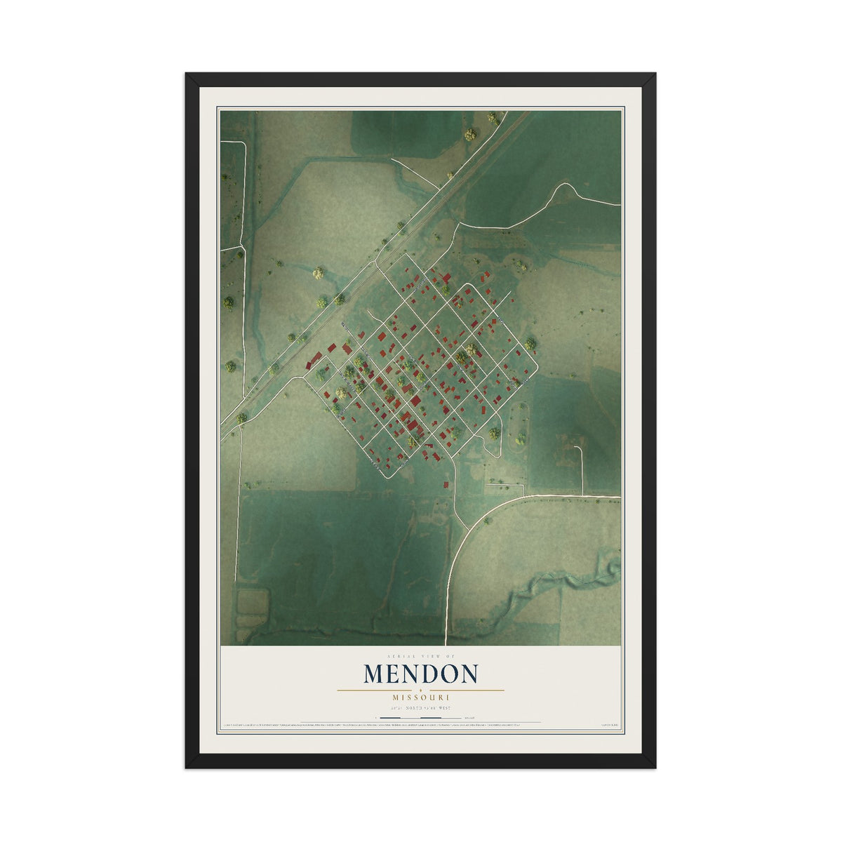Map of Mendon, Missouri, 12 x 18 inch print in a black wood frame