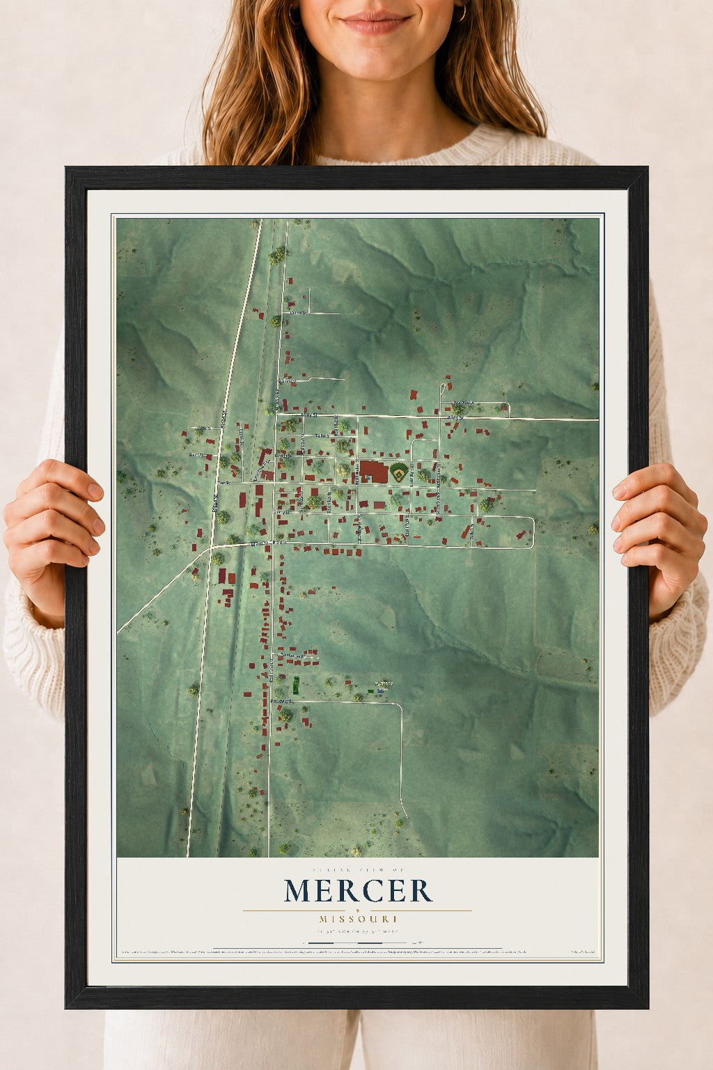 Map of Mercer, Missouri, 18 x 24 inch print in a black wood frame