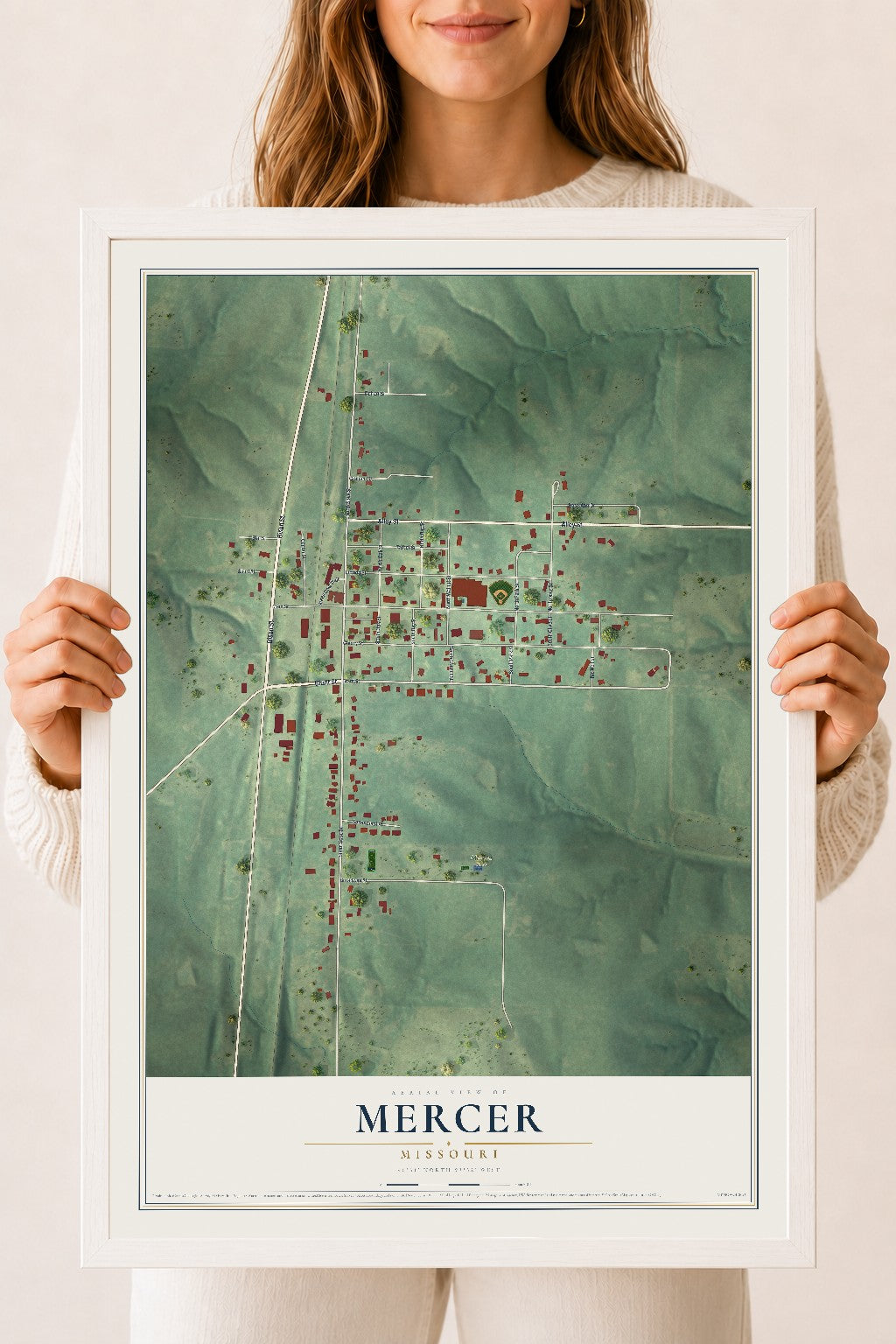 Map of Mercer, Missouri, 18 x 24 inch print in a white wood frame