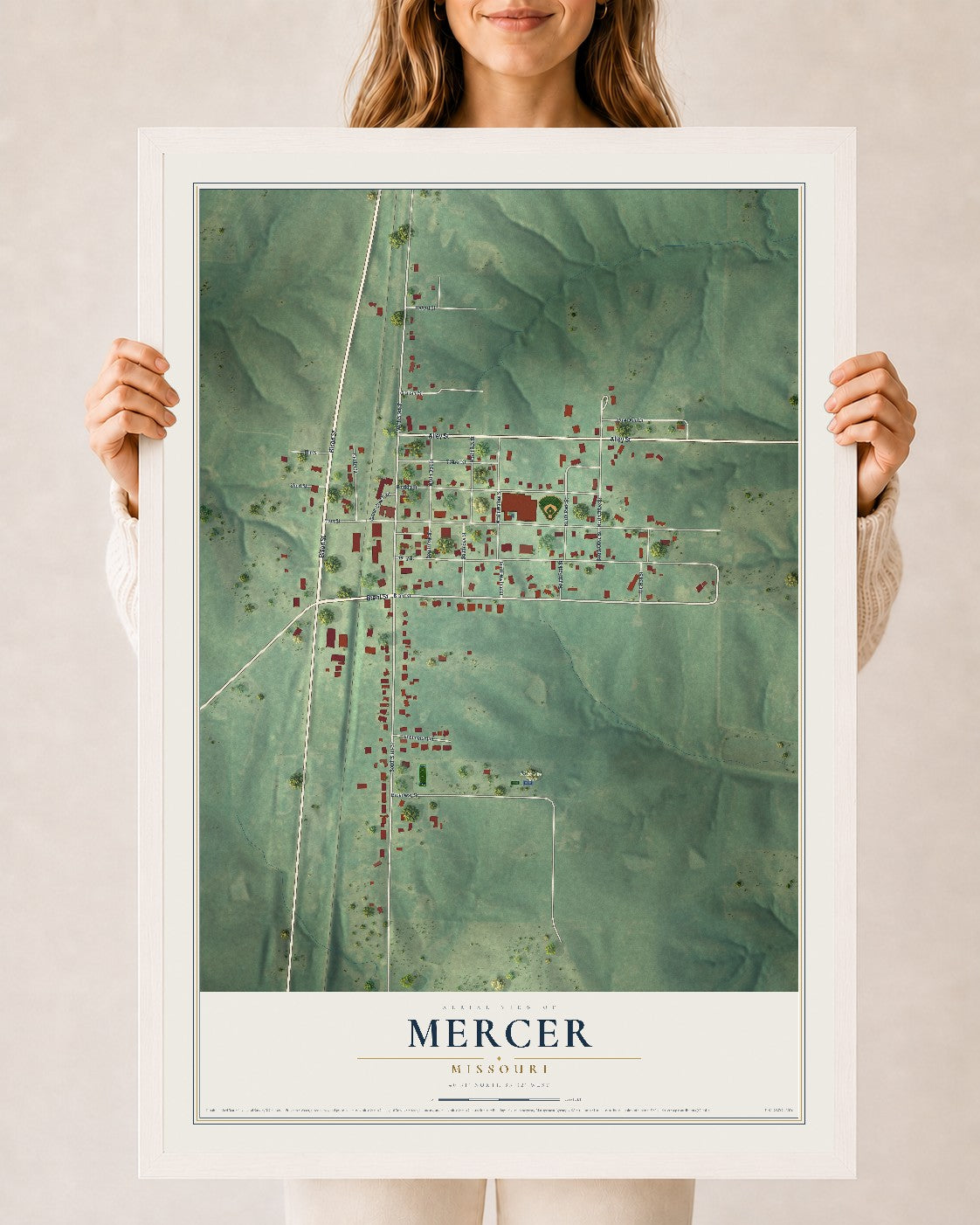 Map of Mercer, Missouri, 24 x 36 inch print in a white wood frame