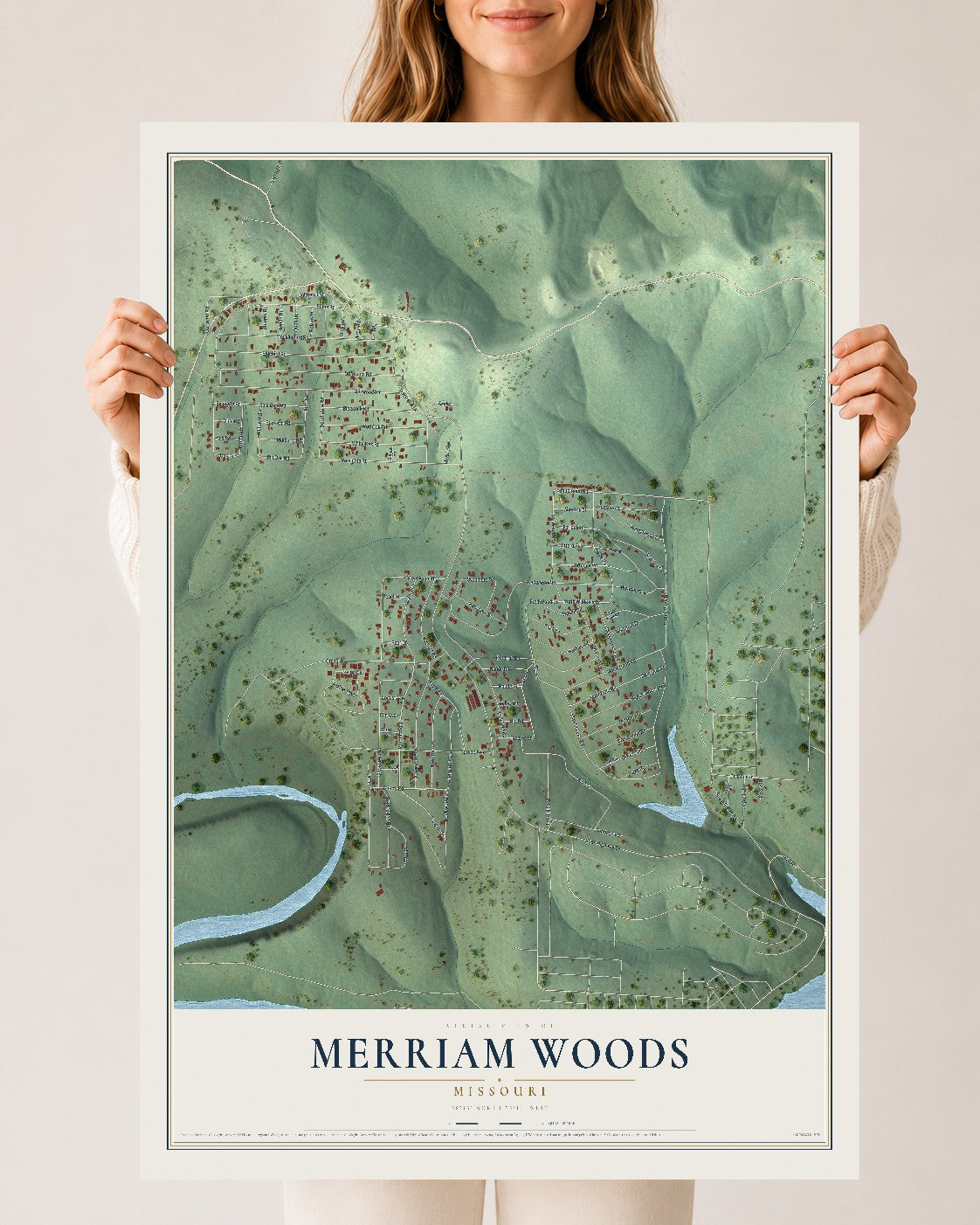 Map of Merriam Woods, Missouri, 24 x 36 inch unframed archival matte print