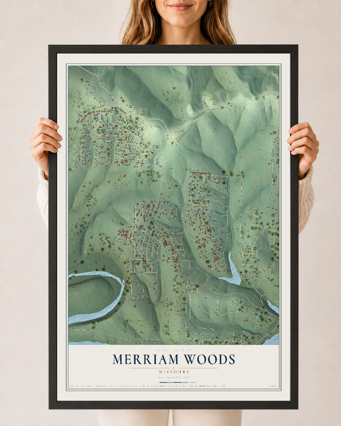 Map of Merriam Woods, Missouri, 24 x 36 inch print in a black wood frame