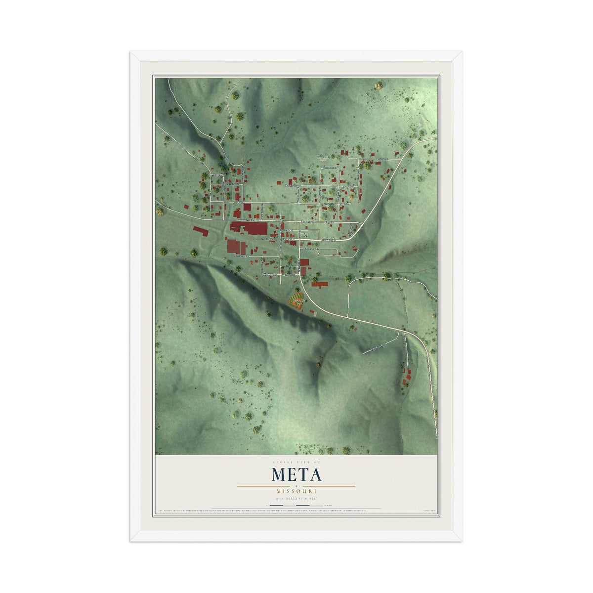 Map of Meta, Missouri, 12 x 18 inch print in a white wood frame