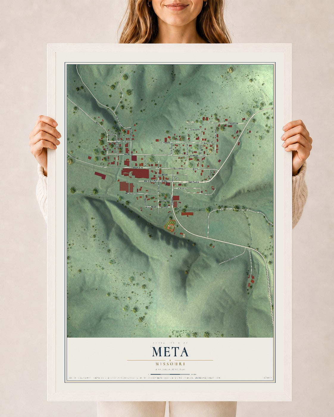 Map of Meta, Missouri, 24 x 36 inch print in a white wood frame