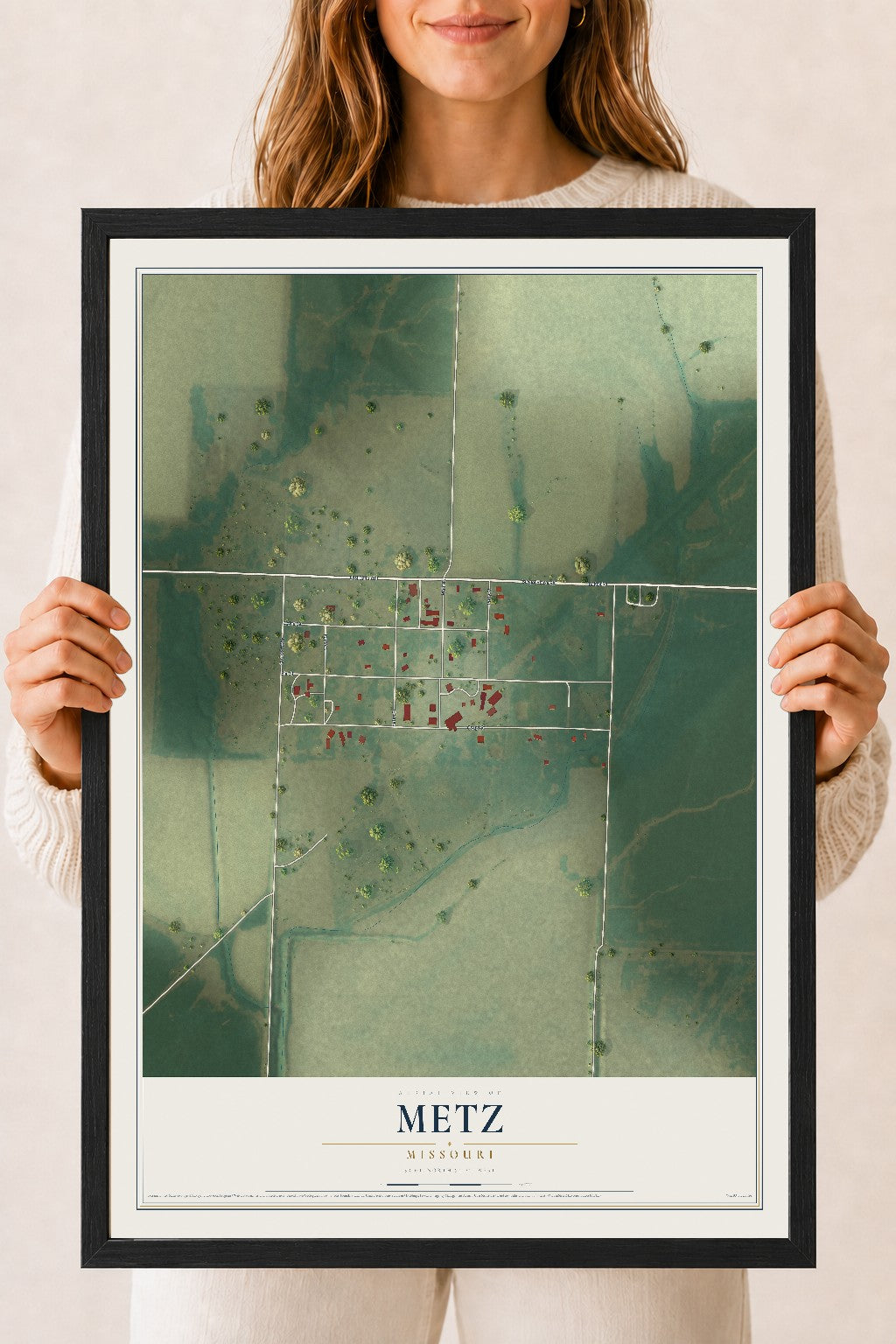 Map of Metz, Missouri, 18 x 24 inch print in a black wood frame