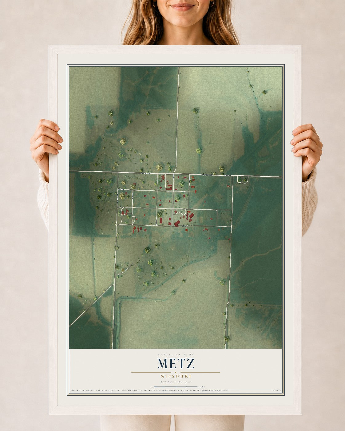 Map of Metz, Missouri, 24 x 36 inch print in a white wood frame