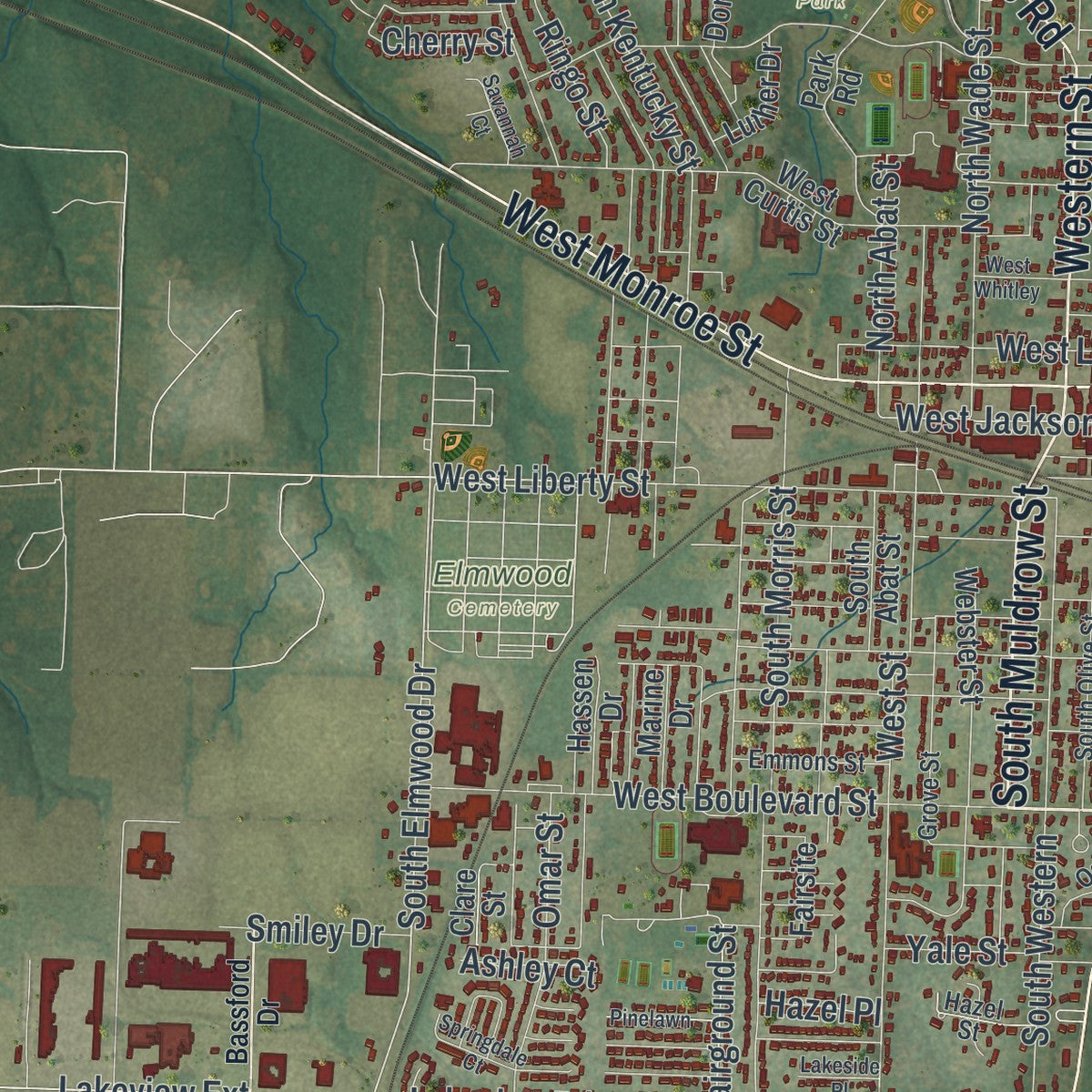 Close-up of the map of Mexico, Missouri print showing street and building detail